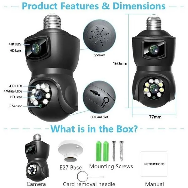 V380 E9 Dual Lens Bulb PTZ IP Camera – 1080P Full HD (DBD) :12286 - Image 2