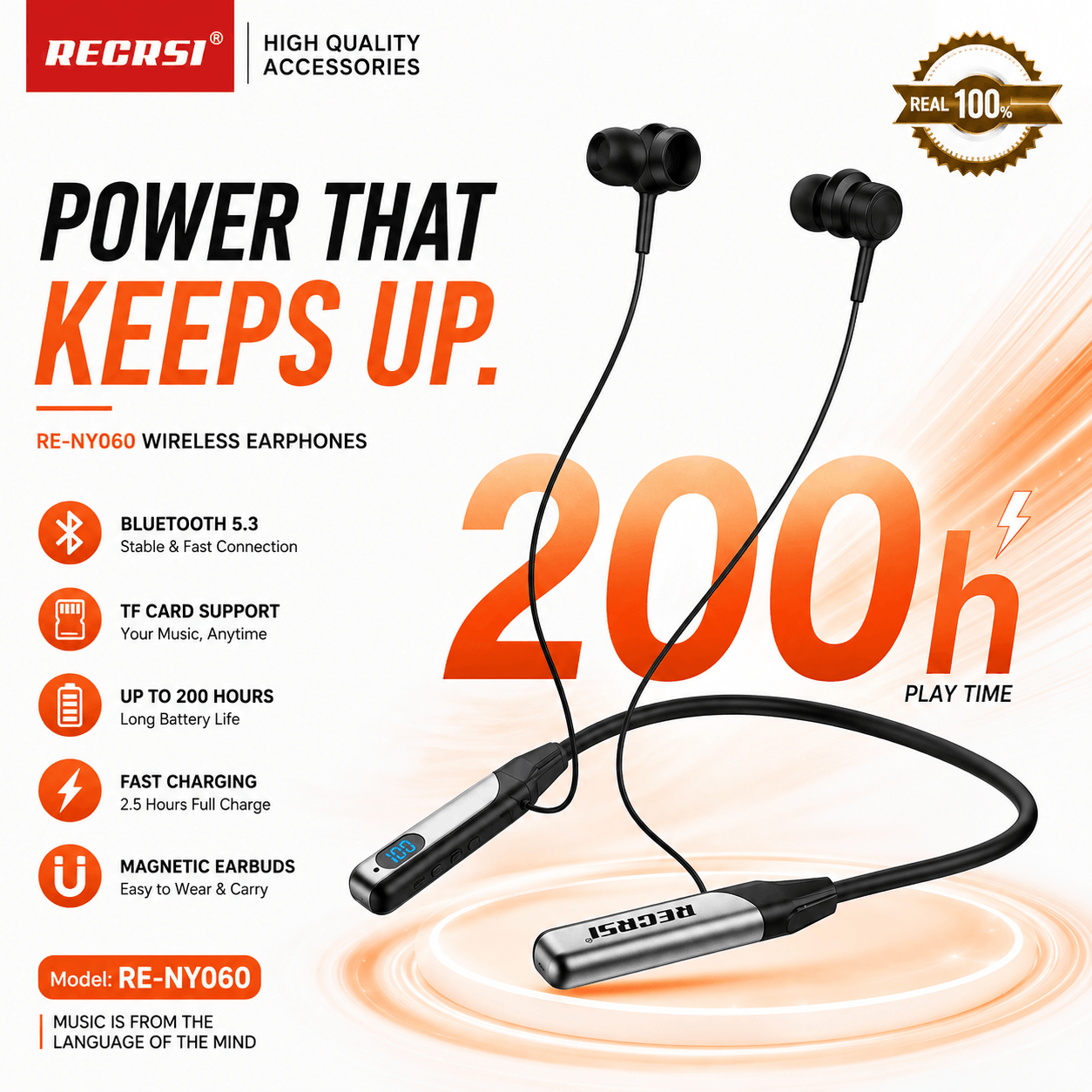 RE-NY060 Recrsi Wireless Neckband Bluetooth Earphone