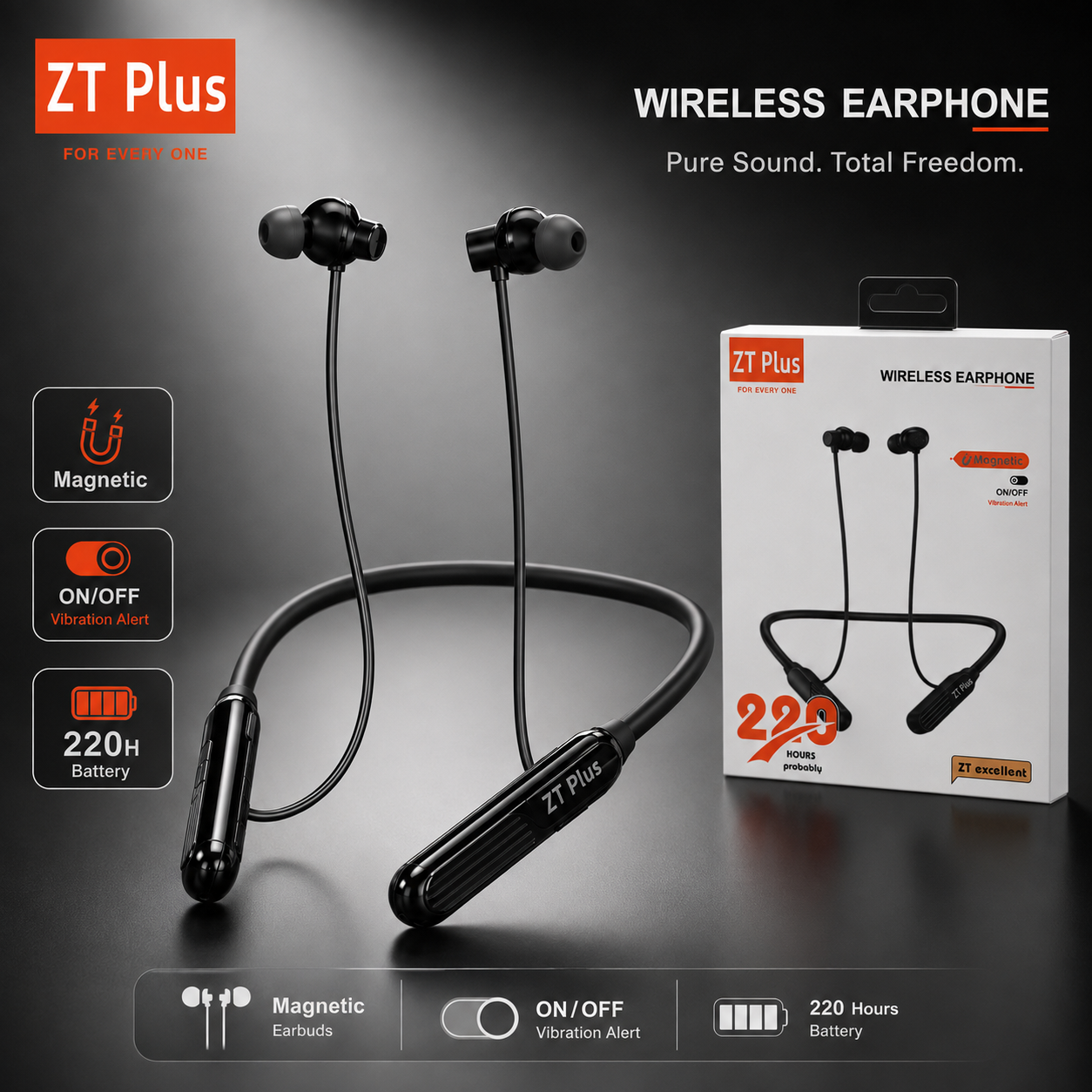ZT Excellent Wireless Neckband Earphone – Bluetooth Headset with 220H Standby, Auto Power On/Off Detach Feature, Vibration Alert & Magnetic Earbuds