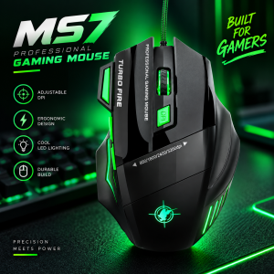 MS7 Professional Wired Gaming Mouse – Up to 3200 Adjustable DPI, Dedicated Turbo Fire Key, 7 Programmable Buttons, Braided Cable, Multi-Color RGB Breathing Lighting & Ergonomic Design