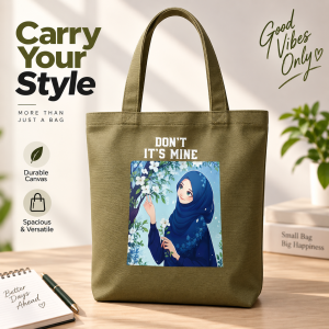 "Don’t It’s Mine" Anime Print Canvas Tote Bag – Unique Stylish Hijabi Cartoon Graphic Shoulder Handbag for College, Shopping & Daily Casual Use