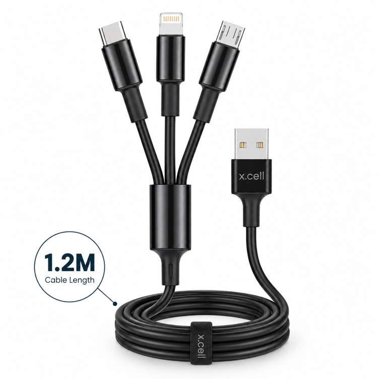 X.Cell High-Performance 3-in-1 Multi Charging Cable – 1.2M Charging Cord with USB-C, Lightning & Micro-USB Connectors for Universal Smartphones - Image 3