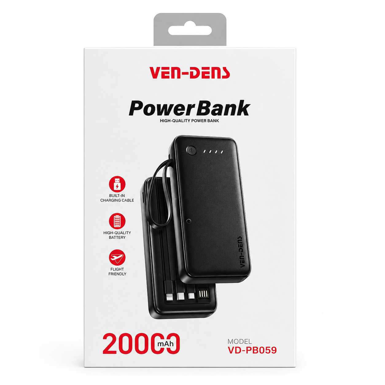 VEN-DENS VD-PB059 20000mAh Power Bank – Portable Charger with Built-in Type-C, Micro & Lightning Cables, LED Indicator & Flight-Friendly Design - Image 3