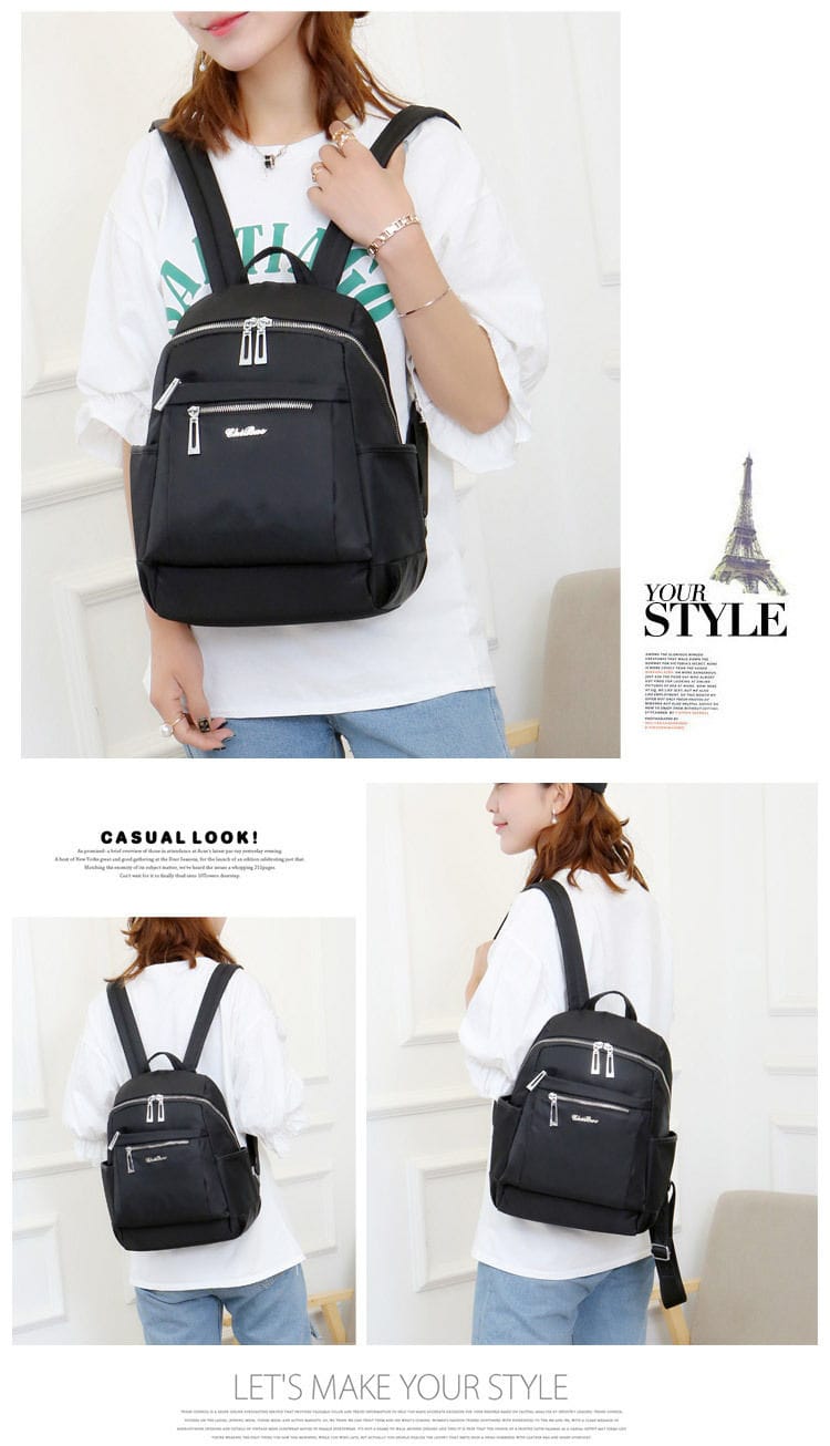 Nylon Backpack Durable Waterproof Casual Shoulder Bag (Black) - Image 3