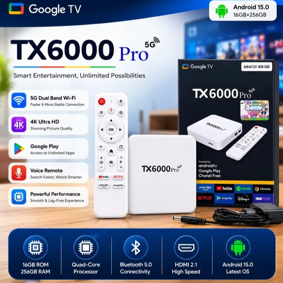 TX6000 Pro 5G Google TV Box | Android 15.0 | 16GB RAM + 256GB Storage | 4K Ultra HD - Image 3