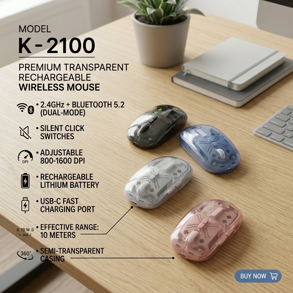 K-2100 Transparent Dual-Mode Rechargeable Wireless Mouse (2.4GHz & Bluetooth 5.2) – Crystal Clear Design, Silent Click, Type-C Charging, 3-Level Adjustable 800/1200/1600 DPI & Wide Compatibility - Image 4