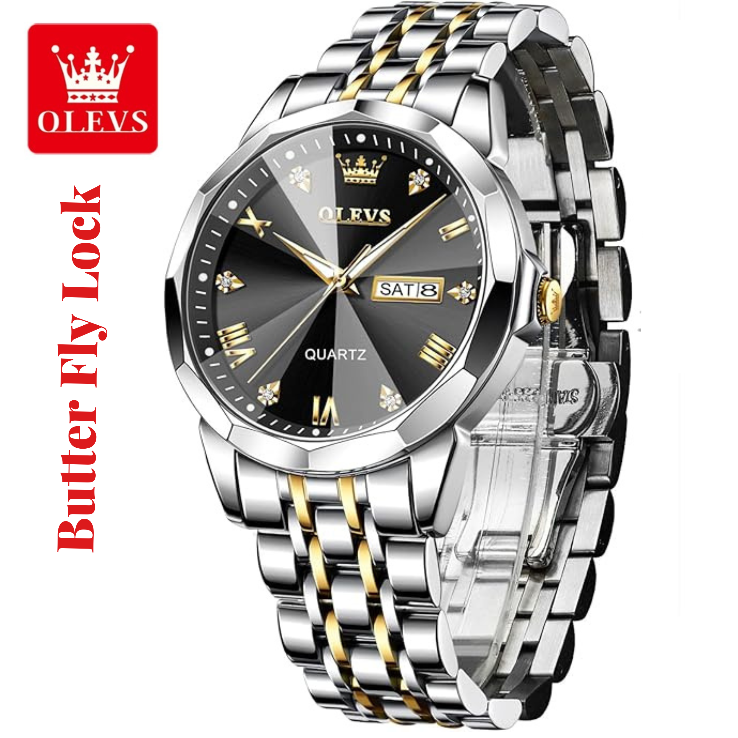 Butter Fly Lock OLEVS 9931G New Exclusive Design Quartz Watch for Men black Dail