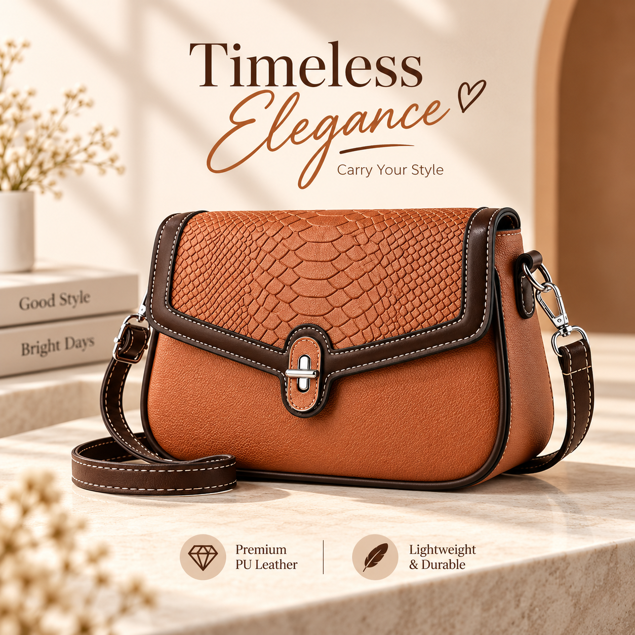 Premium Brown PU Leather Small Handbag & Shoulder Bag – Stylish Soft Casual Tote Crossbody Purse with Multiple Interior Compartments & Zipper Closure (23x7x16 cm)