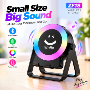 ZF18 2-in-1 Sensor Bluetooth Speaker & Foldable Mobile Holder – 360-Degree Rotating Phone Stand with RGB LED Light, Powerful Bass & Rechargeable Battery