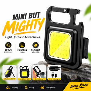 GEBSKIB 800 Lumen COB LED Keychain Work Light – Ultra-Bright Portable Mini Flashlight with 3 Lighting Modes, Magnetic Suction, Bottle Opener & Type-C Rechargeable Aluminum Design