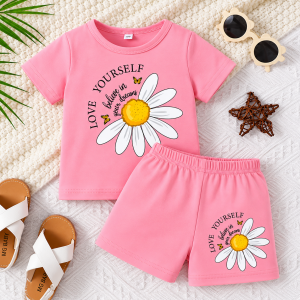 Cute Daisy Flower Printed Baby Girls' T-Shirt & Shorts Set - Pink