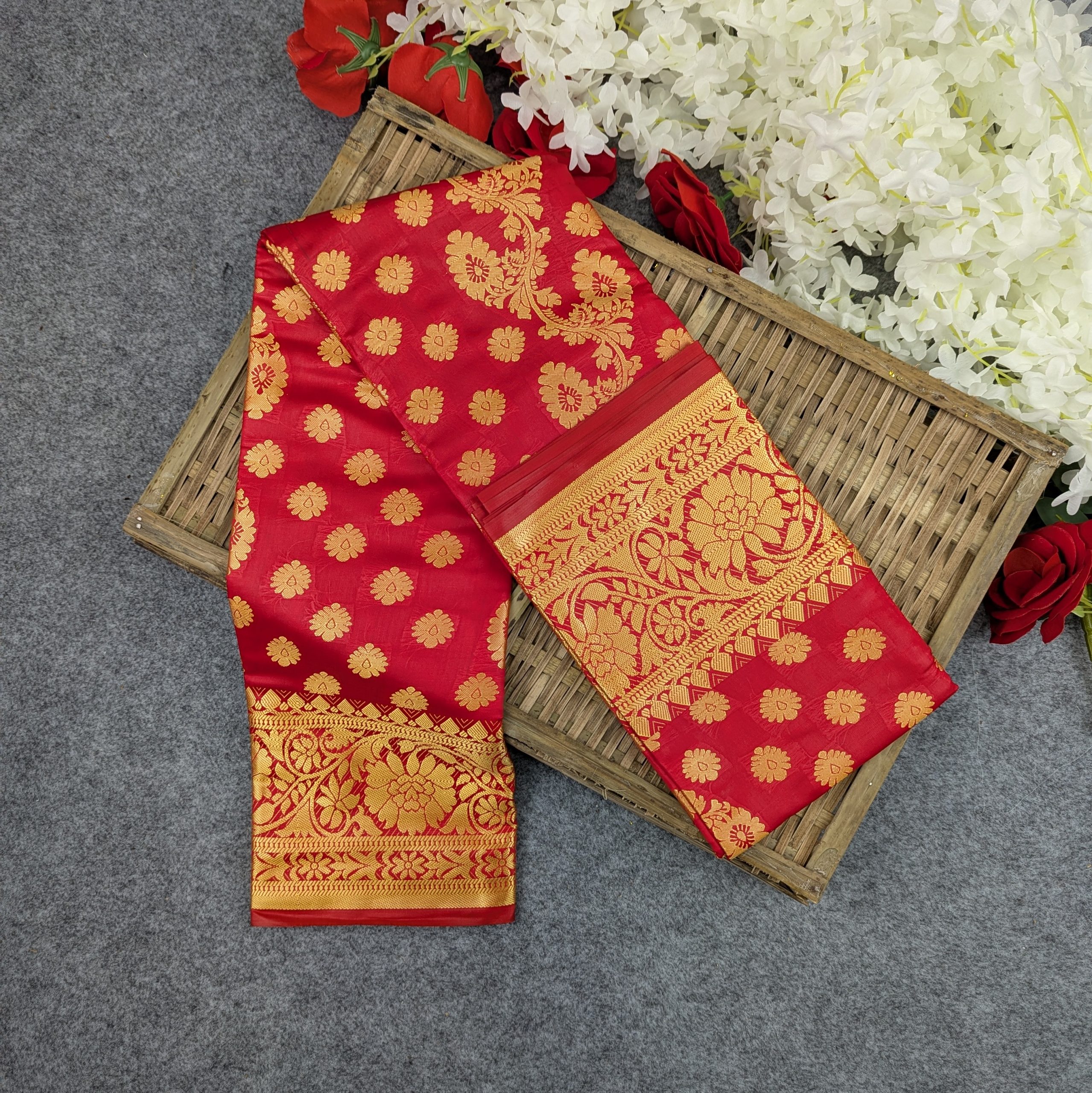 Premium Silk Katan Saree Combo Set - Red - Image 2