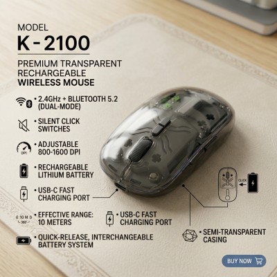 K-2100 Transparent Dual-Mode Rechargeable Wireless Mouse (2.4GHz & Bluetooth 5.2) – Crystal Clear Design, Silent Click, Type-C Charging, 3-Level Adjustable 800/1200/1600 DPI & Wide Compatibility - Image 3