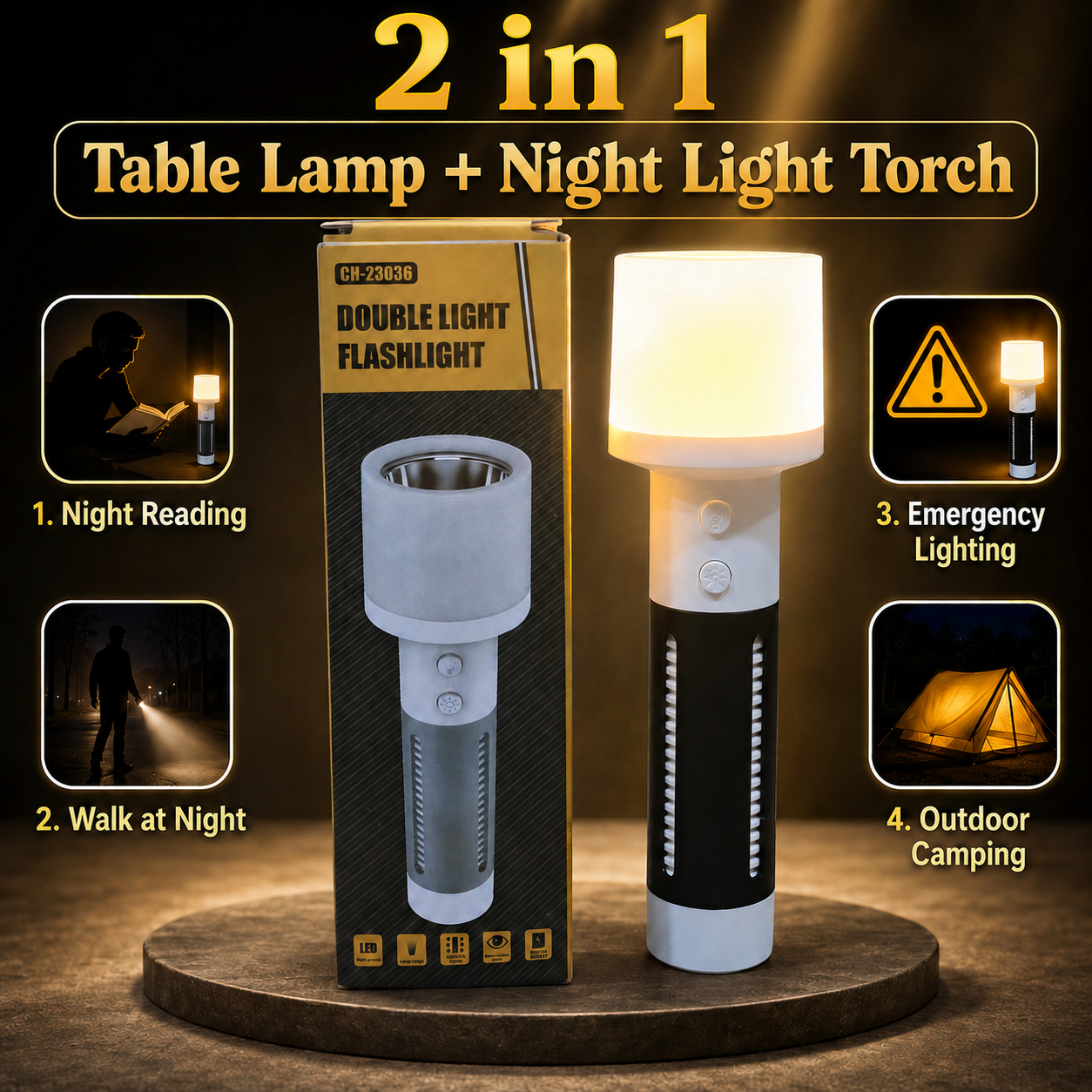 2-in-1 Rechargeable Double Light Torch & Reading Table Lamp – Multifunctional LED Flashlight & Camping Lantern with Dual Button Control & USB Charging - Image 6
