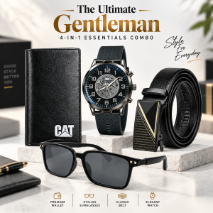 The Ultimate Gentleman's 4-in-1 Essentials Combo(1) – Olevs Skeleton Wrist Watch, Automatic Leather Belt, Wayfarer Sunglasses & Classic Long Wallet Set for Men