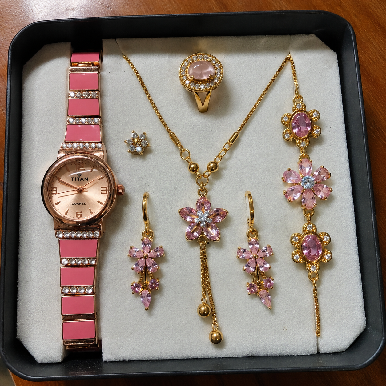 Premium Rose Gold & Pink Crystal Jewelry Combo Gift Set - 6 Pcs - Image 2