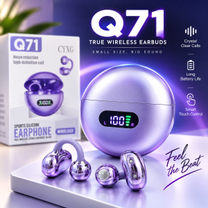 Q71 True Wireless Open-Ear / Ear Clip Earbuds – Digital LED Display, HD Stereo Sound, Noise Reduction Call Feature, 30mAh Earbud & 180mAh Charging Case for Sports & Daily Use