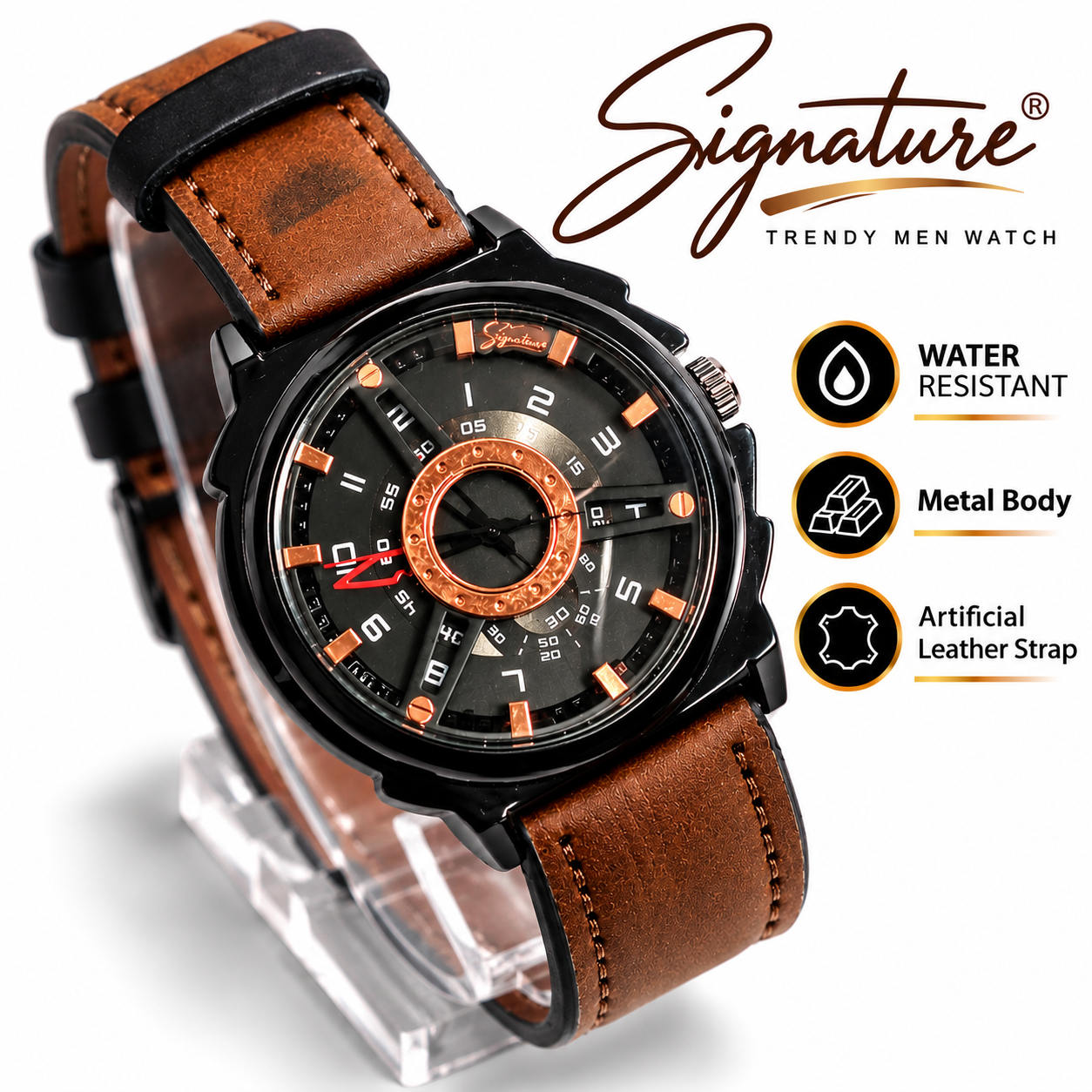 Signature Classic Men's Watch with Metal Body & Artificial Leather Strap