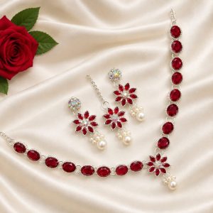Premium Glamorous Red Stone and Pearl Jewelry Set (Complete Set with Necklace, Earrings, and Tikka)