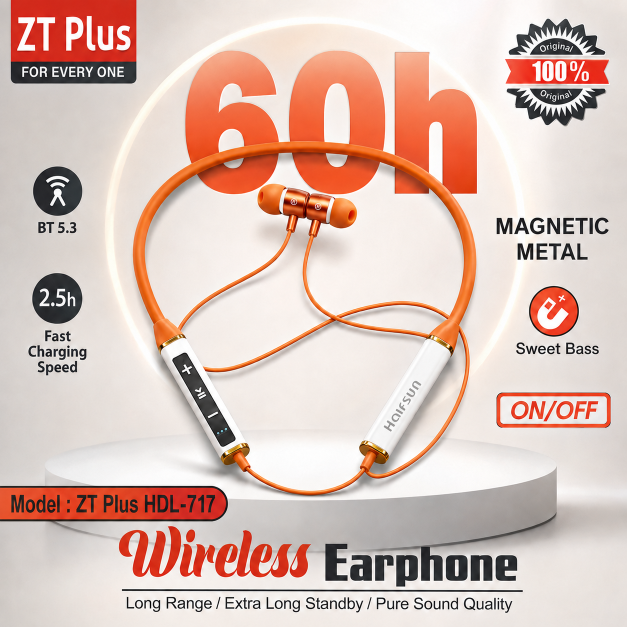 ZT Plus HDL-717 Wireless Neckband Earphone – Bluetooth 5.3 Headset with 60H Battery Life, 2.5H Fast Charging & Magnetic Metal Earbuds