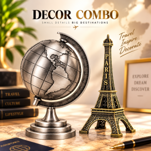 3D Rotating World Map Globe & Metal Eiffel Tower Showpiece Combo Set – Bronze & Gold Wash Finish, Elegant Tabletop Home & Office Decor, Luxury Travel Gift & Photoshoot Prop