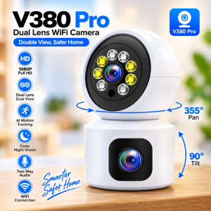 V380 Pro Dual Lens 1080P WiFi Security Camera – Rotatable 360-Degree Wireless Indoor CCTV with Smart AI Motion Tracking, Night Vision & Two-Way Audio (Model: V9L)