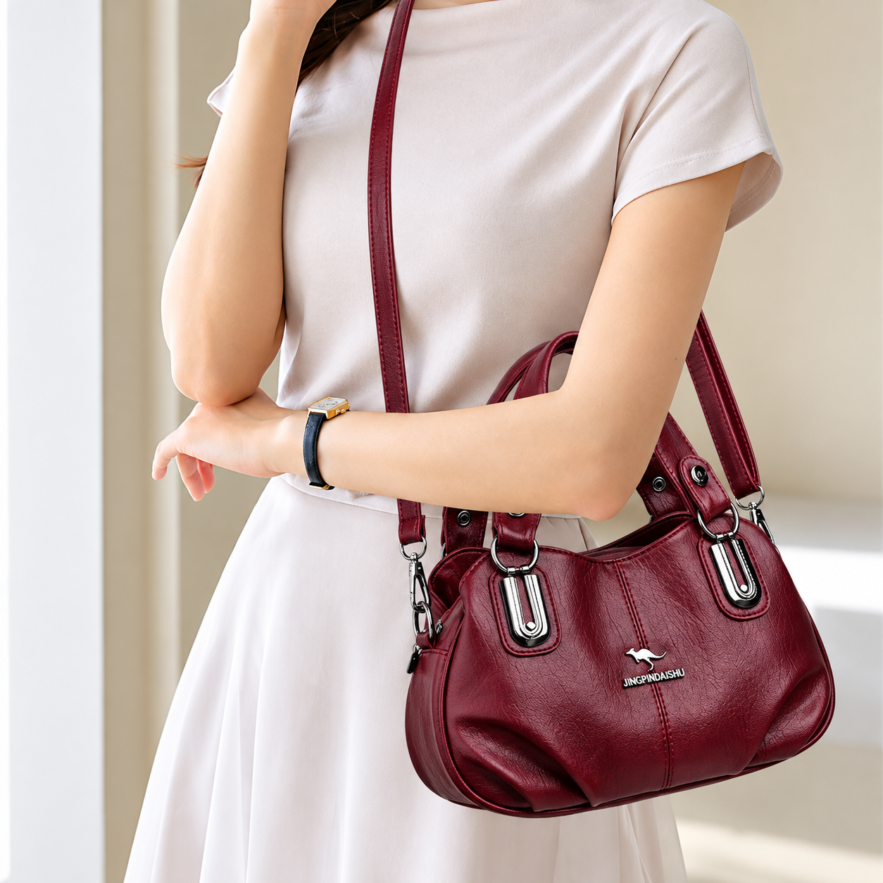 Premium Multi-Compartment Designer Handbag - Maroon - Image 7