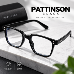 Pattinson Black Retro Geometric Eyeglass Frames – Unisex Vintage Nerd Style Prescription Optical Glasses with Imported Sheet Material, Protective Case & Cleaning Cloth Included