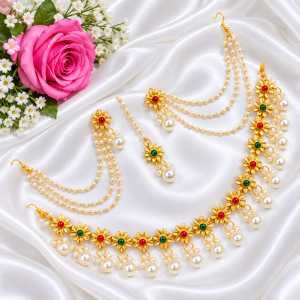 Premium Gold-Plated Floral Necklace with Pearl & Colored Stone Bridal Jewelery Set (Gold-Plated Floral Necklace, Earrings with Kanpasha Chain & Tikka Set)