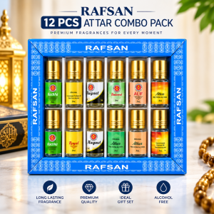 12 Pcs Halal Attar Combo Pack – 100% Alcohol-Free Concentrated Roll-On Perfume Oil Set (3ml Each) Featuring Magnet, Kacha Beli, Shahi Darbar, Bokul Ful, Rojoni Gandha & Gule Lala at Wholesale Factory Price
